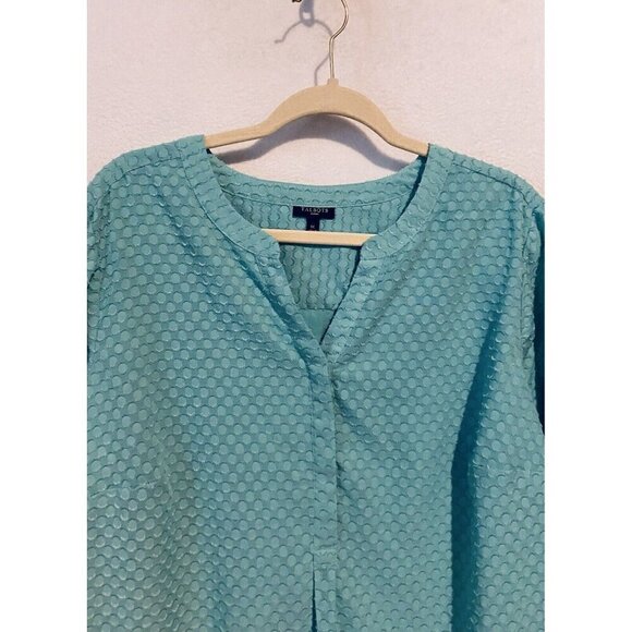 Talbots Top Womens 1X Aqua Blue Textured Geometric Long Sleeve Popover Mature - Picture 2 of 6